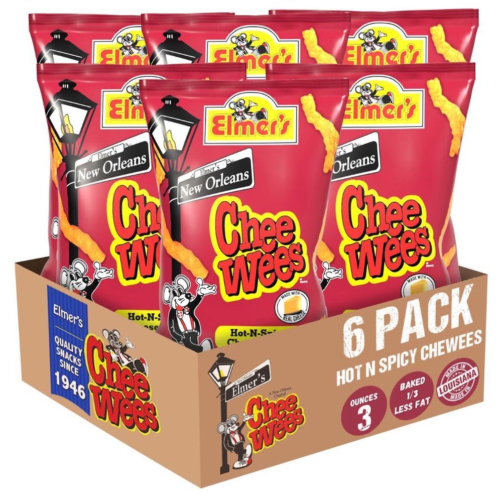 Elmer's New Orleans Chee-wee's, Authentic NOLA Hot-N-Spicy Flavor, Irresistible Crunchy Snack Delight 3 oz Bags, Pack of 6