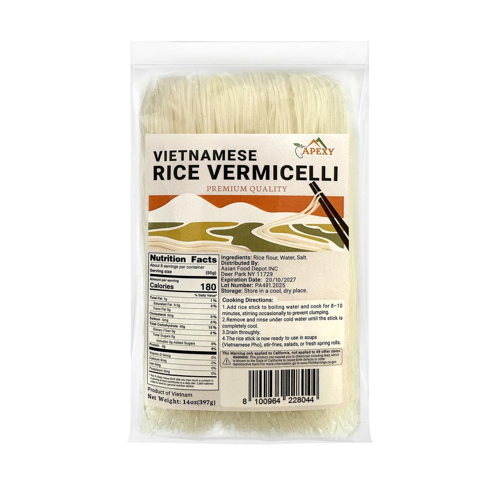 Apexy Vietnamese Rice Vermicelli, 14 oz Pack of 6 Thin Rice Noodles for Pho, Stir-Fry, Spring Rolls & Noodle Soups