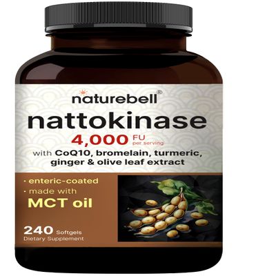NatureBell Nattokinase 4,000 FU Per Serving, 240 Softgels 7-in-1 Formula with CoQ10, Bromelain, Turmeric | Enteric Coated with MCT Oil | Gluten Free