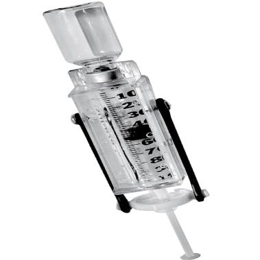 Insul-eze-L, a one-piece syringe magnifier that locks the syringe and insulin bottle in place so it can be used with one hand. Used with 1, and 1/3ml insulin syringes and small medicine vials with top measuring .50-.55 inches. Item#IZ600-L