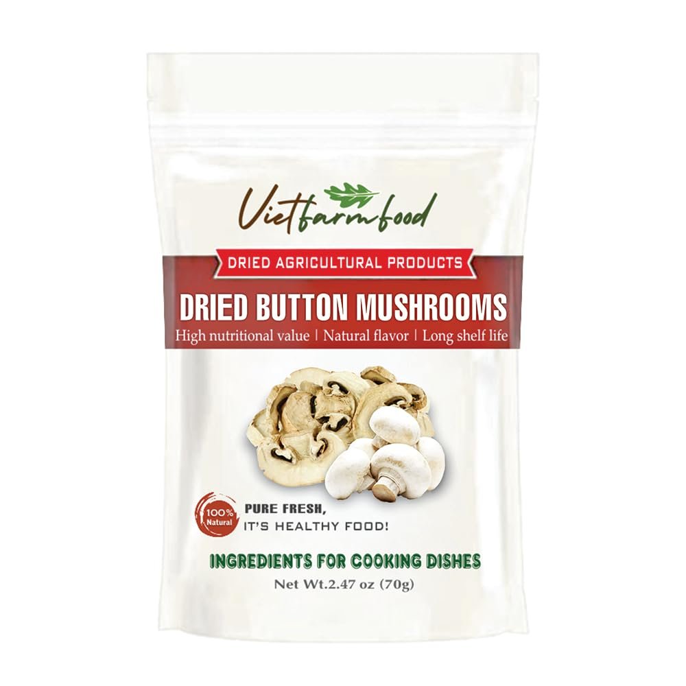 DRIED BUTTON MUSHROOM 5.29 Oz (150g) VIETFARMFOOD: Dried agricultural products with pure natural flavor. Used as cooking ingredient to prepare delicious, nutritious dish, suitable for vegetarian