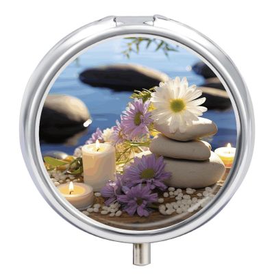 Massage Stones with Daisy Pill Box,3 Compartments Round Small Pills Case Moisture-Proof Portable Pill Container for Travel Vitamins Fish Oil Supplements