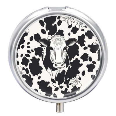 Black and White Cowm Pill Box,3 Compartments Round Small Pills Case Moisture-Proof Portable Pill Container for Travel Vitamins Fish Oil Supplements