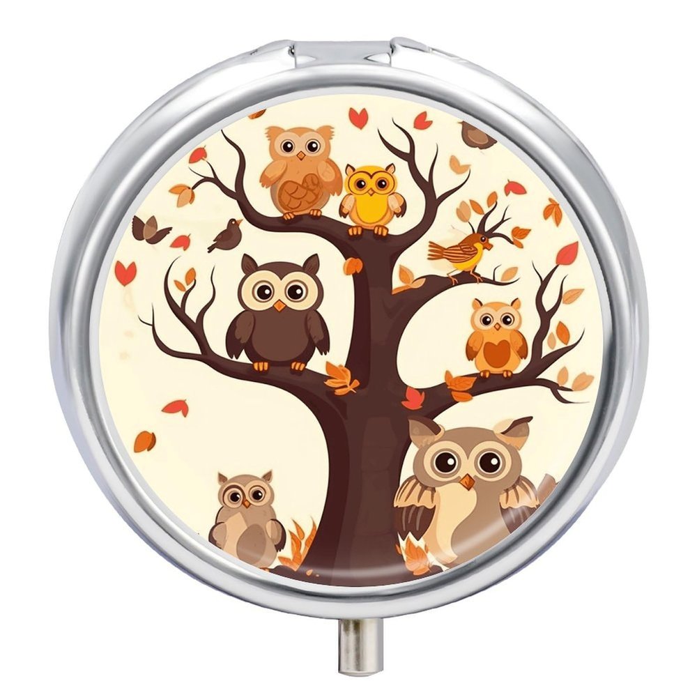 Cartoon Family Owls On The Brown Tree Pill Box,3 Compartments Round Small Pills Case Moisture-Proof Portable Pill Container for Travel Vitamins Fish Oil Supplements