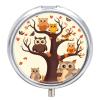 Cartoon Family Owls On The Brown Tree Pill Box,3 Compartments Round Small Pills Case Moisture-Proof Portable Pill Container for Travel Vitamins Fish Oil Supplements view 1