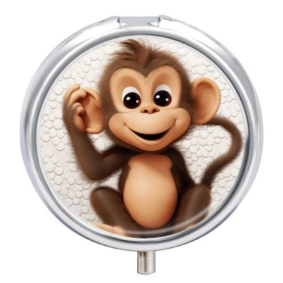 Cute Monkey Pill Box,3 Compartments Round Small Pills Case Moisture-Proof Portable Pill Container for Travel Vitamins Fish Oil Supplements