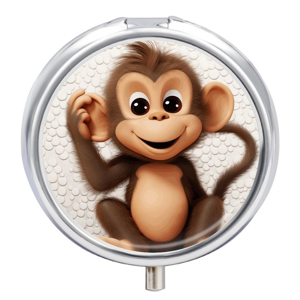 Cute Monkey Pill Box,3 Compartments Round Small Pills Case Moisture-Proof Portable Pill Container for Travel Vitamins Fish Oil Supplements