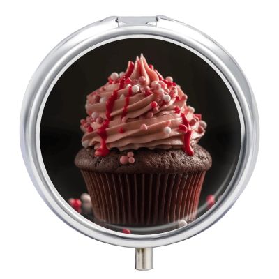 Valentine's Day Cupcakes Pill Box,3 Compartments Round Small Pills Case Moisture-Proof Portable Pill Container for Travel Vitamins Fish Oil Supplements