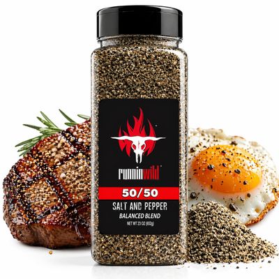 50/50 Salt and Pepper Seasoning, 23 oz | Premium Flake Kosher Salt & 16 Mesh Black Pepper Blend with Extra Virgin Olive Oil | Texas-Style Rub for Brisket, Steak, Burgers, Chicken & More