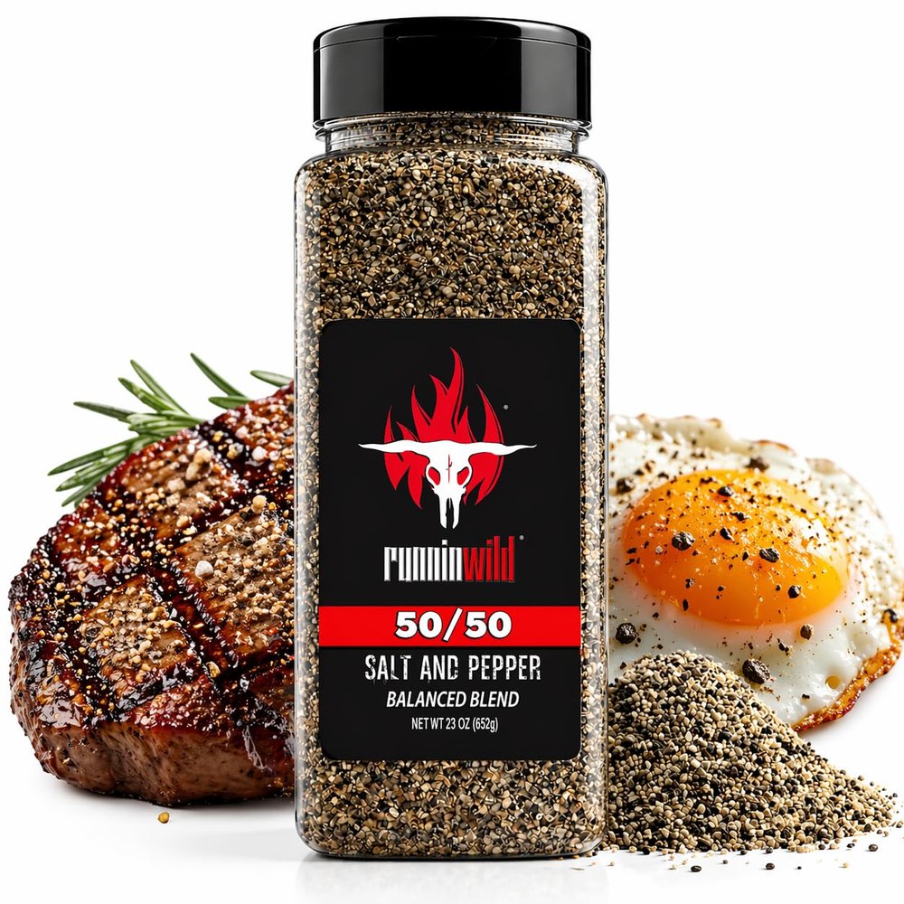 50/50 Salt and Pepper Seasoning, 23 oz | Premium Flake Kosher Salt & 16 Mesh Black Pepper Blend with Extra Virgin Olive Oil | Texas-Style Rub for Brisket, Steak, Burgers, Chicken & More