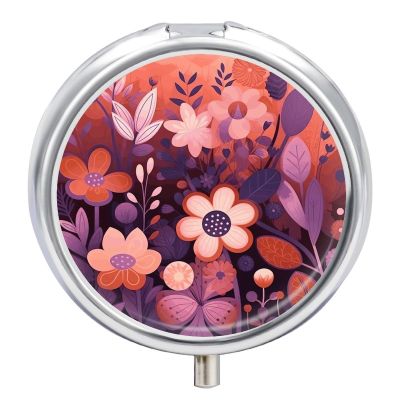 Dark Purple Flower Pill Box,3 Compartments Round Small Pills Case Moisture-Proof Portable Pill Container for Travel Vitamins Fish Oil Supplements