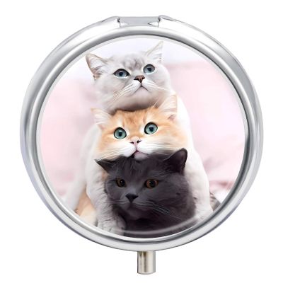 Cats Pill Box,3 Compartments Round Small Pills Case Moisture-Proof Portable Pill Container for Travel Vitamins Fish Oil Supplements