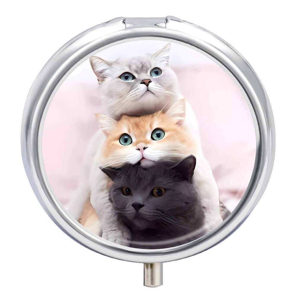 Cats Pill Box,3 Compartments Round Small Pills Case Moisture-Proof Portable Pill Container for Travel Vitamins Fish Oil Supplements