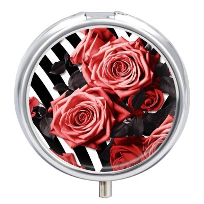 Roses Flower Floral Zebra Stripes Pill Box,3 Compartments Round Small Pills Case Moisture-Proof Portable Pill Container for Travel Vitamins Fish Oil Supplements