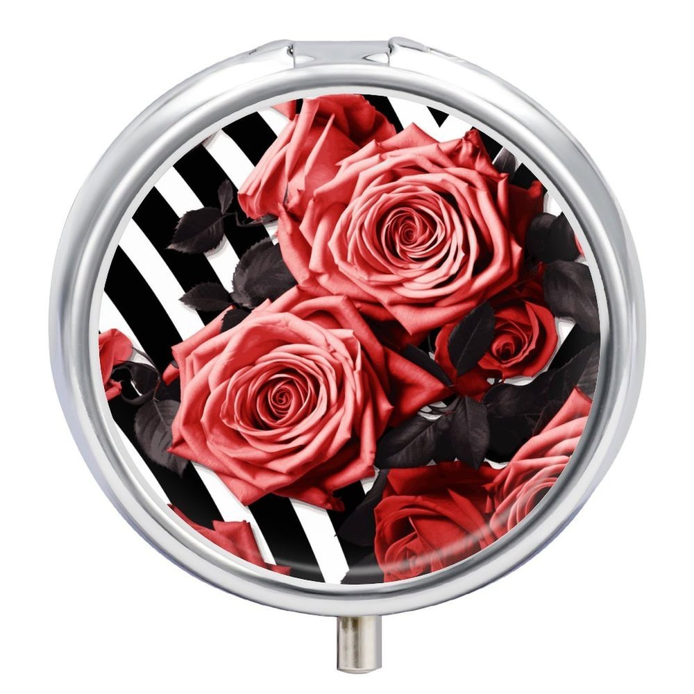 Roses Flower Floral Zebra Stripes Pill Box,3 Compartments Round Small Pills Case Moisture-Proof Portable Pill Container for Travel Vitamins Fish Oil Supplements