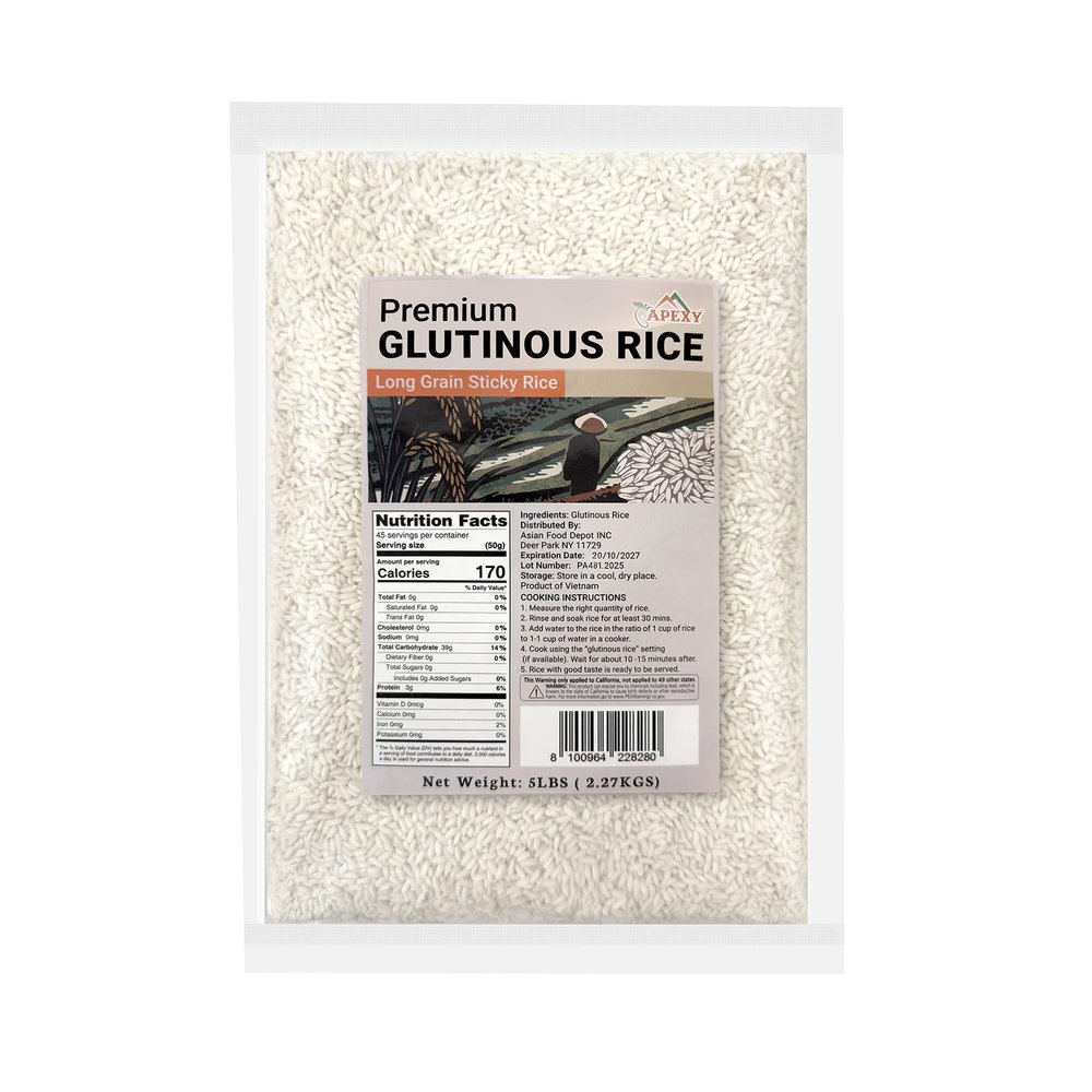 Apexy Premium Long Grain Sweet Rice 5 lb Glutinous Sticky Rice, Non-GMO | Perfect for Asian Desserts, Sushi, Dumplings & Sticky Rice Dishes | Soft, Chewy Texture