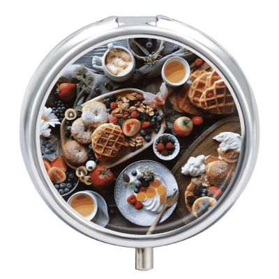 Beautiful Breakfast Pill Box,3 Compartments Round Small Pills Case Moisture-Proof Portable Pill Container for Travel Vitamins Fish Oil Supplements