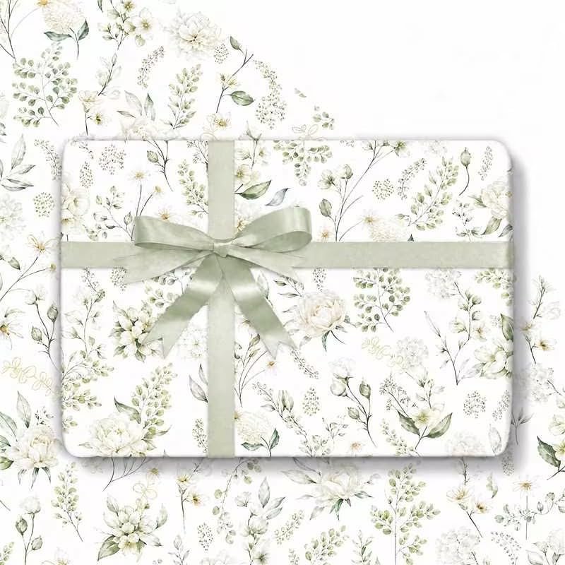 AnyDesign 100 Sheets Sage Green Floral Tissue Paper White Wildflower Flower Leaves Gift Wrapping Paper for DIY Crafts Spring Summer Party Supplies, 13.8 x 19.7 Inch