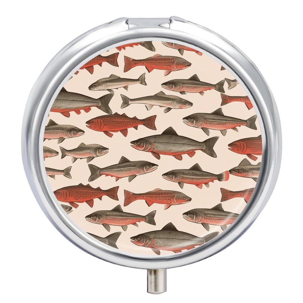 Salmon Pill Box,3 Compartments Round Small Pills Case Moisture-Proof Portable Pill Container for Travel Vitamins Fish Oil Supplements