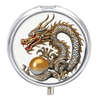 Chinese Dragon with Pearl Pill Box,3 Compartments Round Small Pills Case Moisture-Proof Portable Pill Container for Travel Vitamins Fish Oil Supplements