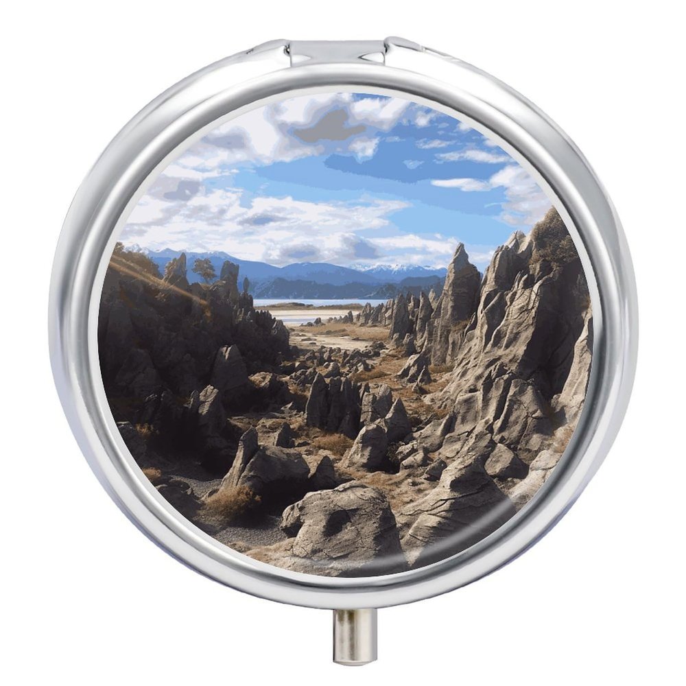 Rocks Scenic Pill Box,3 Compartments Round Small Pills Case Moisture-Proof Portable Pill Container for Travel Vitamins Fish Oil Supplements