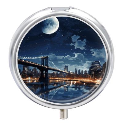 Moon Light New York City Pill Box,3 Compartments Round Small Pills Case Moisture-Proof Portable Pill Container for Travel Vitamins Fish Oil Supplements