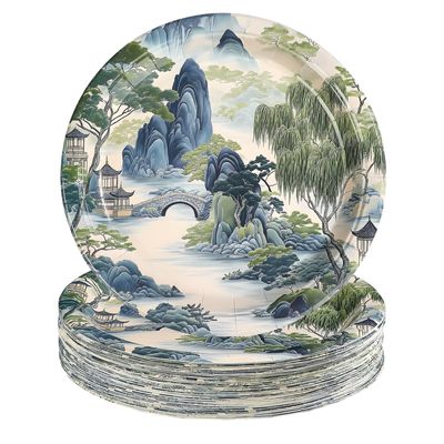 Greencian 50Pcs Vintage Chinoiserie Paper Plates 10 Inch Large Heavy Duty