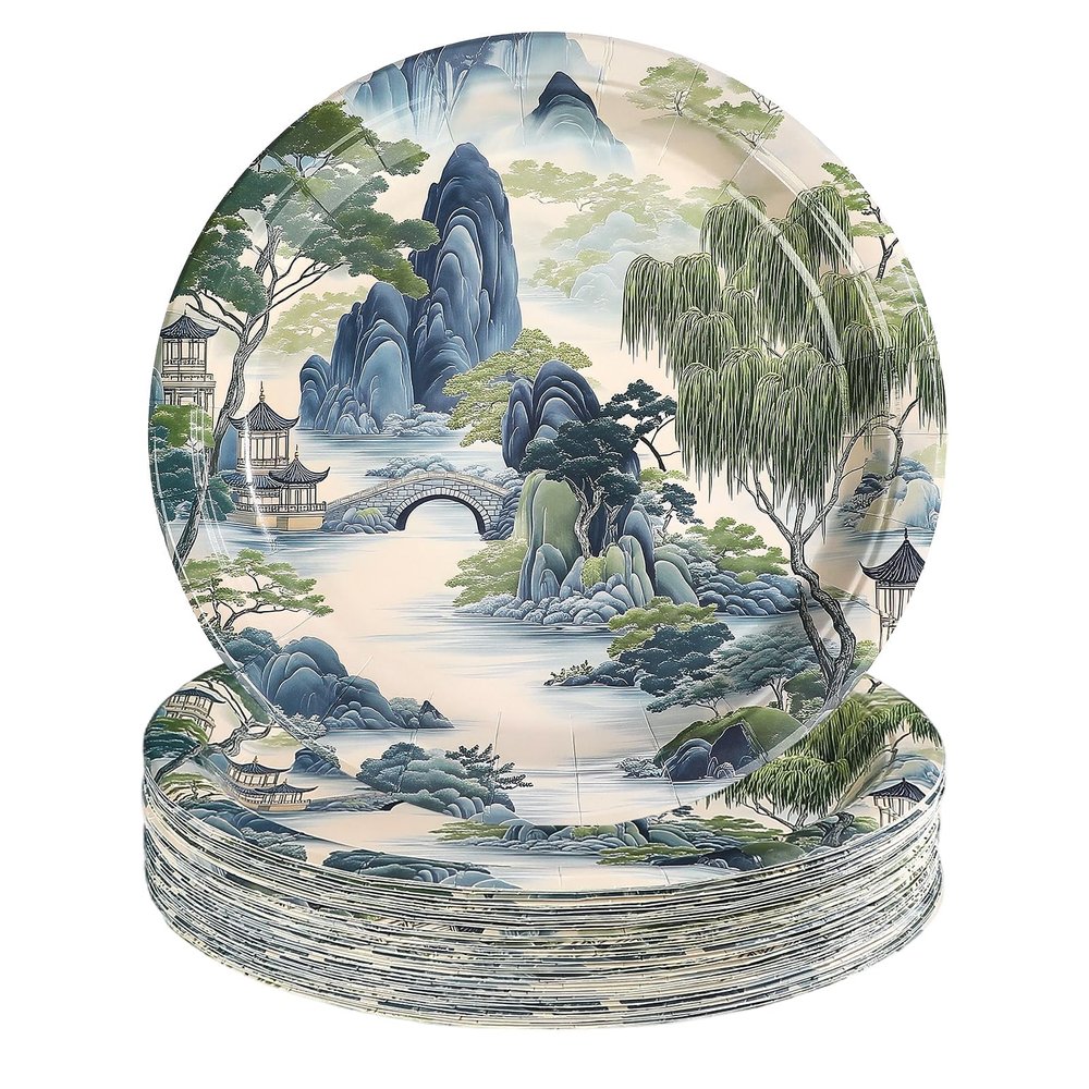 Greencian 50Pcs Vintage Chinoiserie Paper Plates 10 Inch Large Heavy Duty