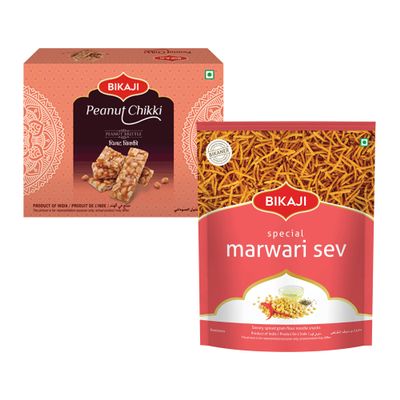 Bikaji Marvadi Sev 400g & Chikki Peanut 400g | Traditional Spicy Sev with Peanut Chikki | Rajasthani Snack Combo