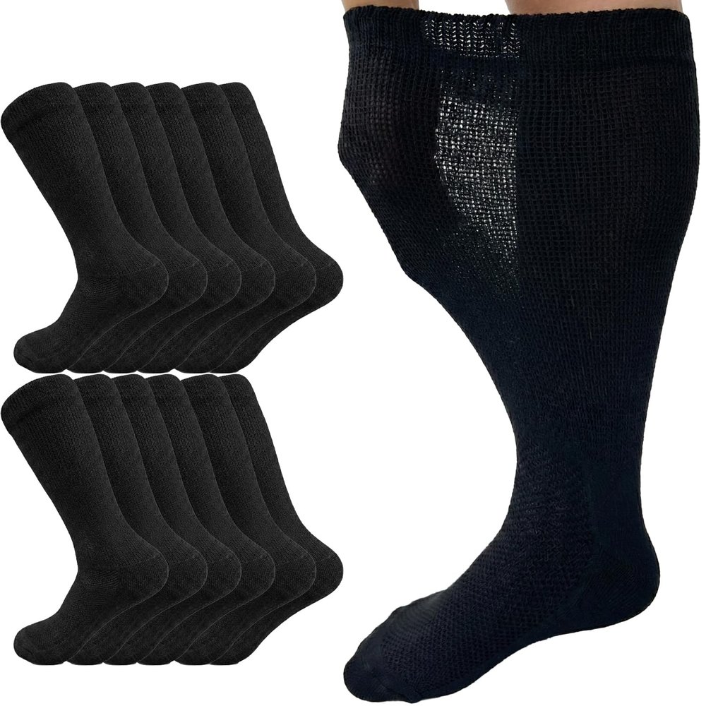 Edamon Diabetic Foot Extra-Wide Socks (Swollen Foot Type)Stretches up to 22 inches,100% cotton, thickened sole (US, Alpha, Small, Regular, Regular, Black-4 pairs)