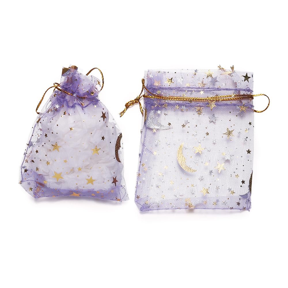 100 Pack Moon Star Organza Jewelry Candy Bags Wedding Favors Bags with Drawstring Mesh Jewelry Bags for Christmas Wedding Party(Purple,10x15cm)