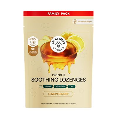 Beekeeper's Naturals Soothing Honey Ginger Lemon Cough Drops - Immune Support with Vitamin D, Zinc and Propolis Throat Soothing Lozenges, 24 Ct