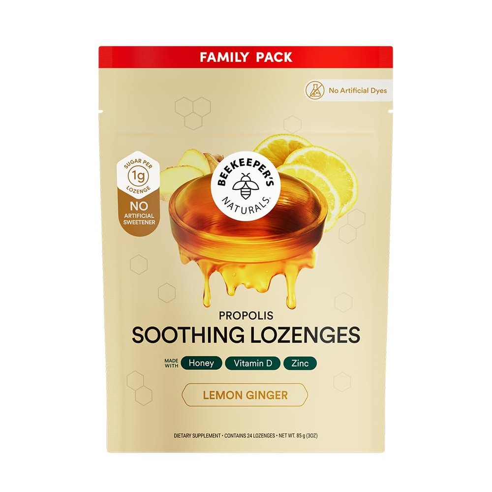 Beekeeper's Naturals Soothing Honey Ginger Lemon Cough Drops - Immune Support with Vitamin D, Zinc and Propolis Throat Soothing Lozenges, 24 Ct