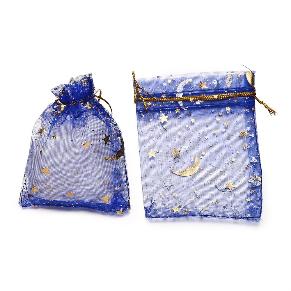 100 Pack Moon Star Organza Jewelry Candy Bags Wedding Favors Bags with Drawstring Mesh Jewelry Bags for Christmas Wedding Party(Royal blue,13x18cm)