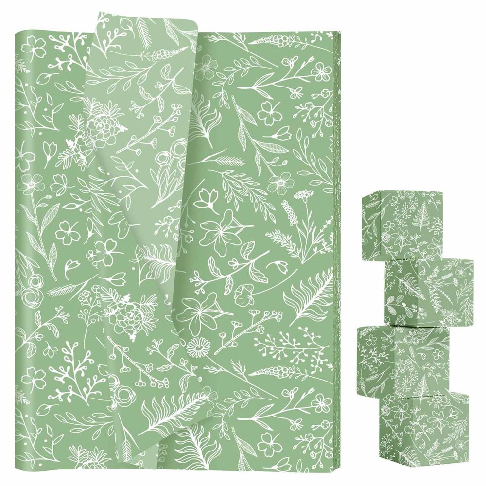 AVXINSOK 100 Sheets Sage Green Floral Tissue Paper 14 x 20 Inches Green and White Vintage Flower Gift Wrapping Tissue Paper for Gift Bags Wedding Birthday Baby Shower Party Packaging Crafts