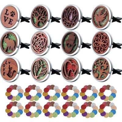12pcs Ucubwfu Car Vent Clip, Car Vent Diffuser Holders, Perfume Essential Oil Diffuser Clips, Wood Pattern Metal Aromatherapy Holders