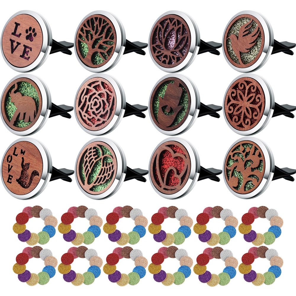 12pcs Ucubwfu Car Vent Clip, Car Vent Diffuser Holders, Perfume Essential Oil Diffuser Clips, Wood Pattern Metal Aromatherapy Holders