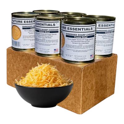 Future Essentials Freeze Dried Shredded Sharp Cheddar Cheese #2.5 Can Emergency Food Supply 25-Year Shelf Life Made in USA & Easy to Use in Recipes, 10 oz, 6-Pack