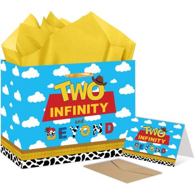 ONANNA Two Infinity and Beyond Birthday Gift Bag with Tissue Paper and Greeting Card Blue Yellow Cartoon Boy 2nd Birthday Gifts Wrapping Bag 2 Year Old Birth Day Decorations Supplies