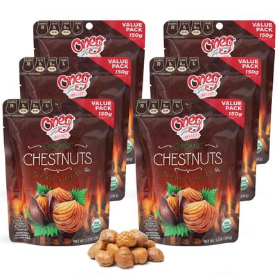 Oneg Roasted Chestnuts Peeled and Ready to Eat, 6 Pack of Organic Roasted Chestnuts 5.3oz Each, Vacuum Packed Perfect for Snacking or Holiday Treats, Ideal Peeled for Sharing