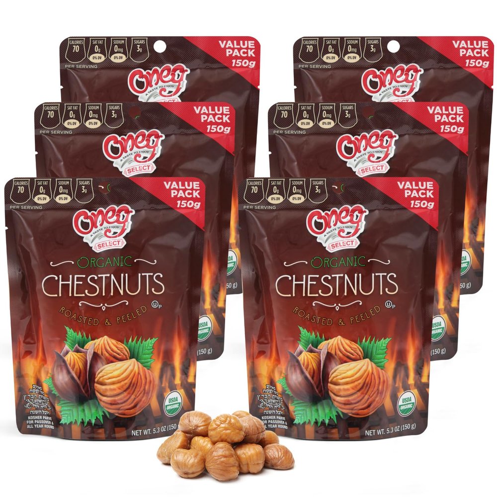Oneg Roasted Chestnuts Peeled and Ready to Eat, 6 Pack of Organic Roasted Chestnuts 5.3oz Each, Vacuum Packed Perfect for Snacking or Holiday Treats, Ideal Peeled for Sharing