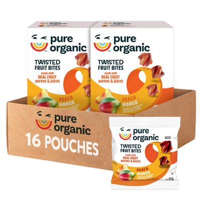 Pure Organic Twisted Fruit Bites, Kids Snacks, Fruit Snacks, Peach Mango (2 Boxes, 16 Pouches)