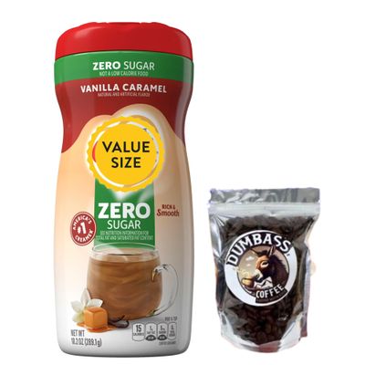 Flavored Powdered Creamer, 10.2 oz with Dumbass Coffee Whole CoffeeBean Medium/Dark 1 oz (Vanilla Caramel Sugar-Free) Coffee