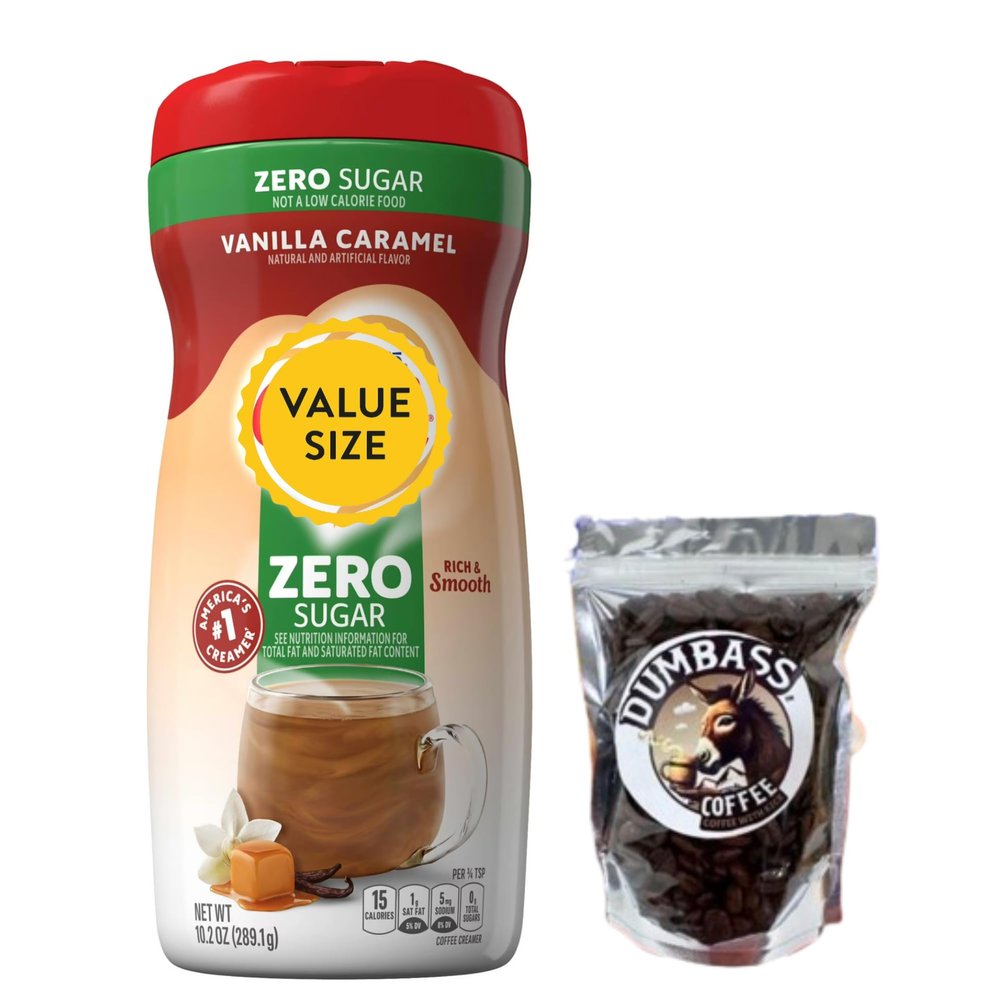 Flavored Powdered Creamer, 10.2 oz with Dumbass Coffee Whole CoffeeBean Medium/Dark 1 oz (Vanilla Caramel Sugar-Free) Coffee