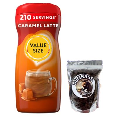 Powdered Coffee Creamer Singles, 15 oz Single Pack Coffee Creamer with Dumbass Coffee Whole CoffeeBean Medium/Dark 1 oz (Caramel Latte) Coffee