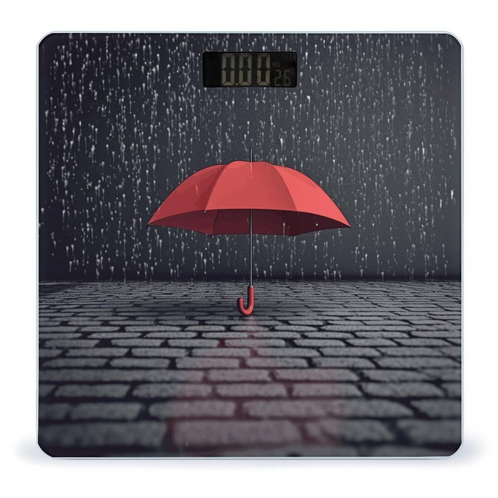 Red Umbrella in Rain Scale for Body Weight Highly Accurate Digital Bathroom Scale Sturdy Tempered Glass Weighing Scales with LCD Display Fashion Body Fat Smart Scales 400lb