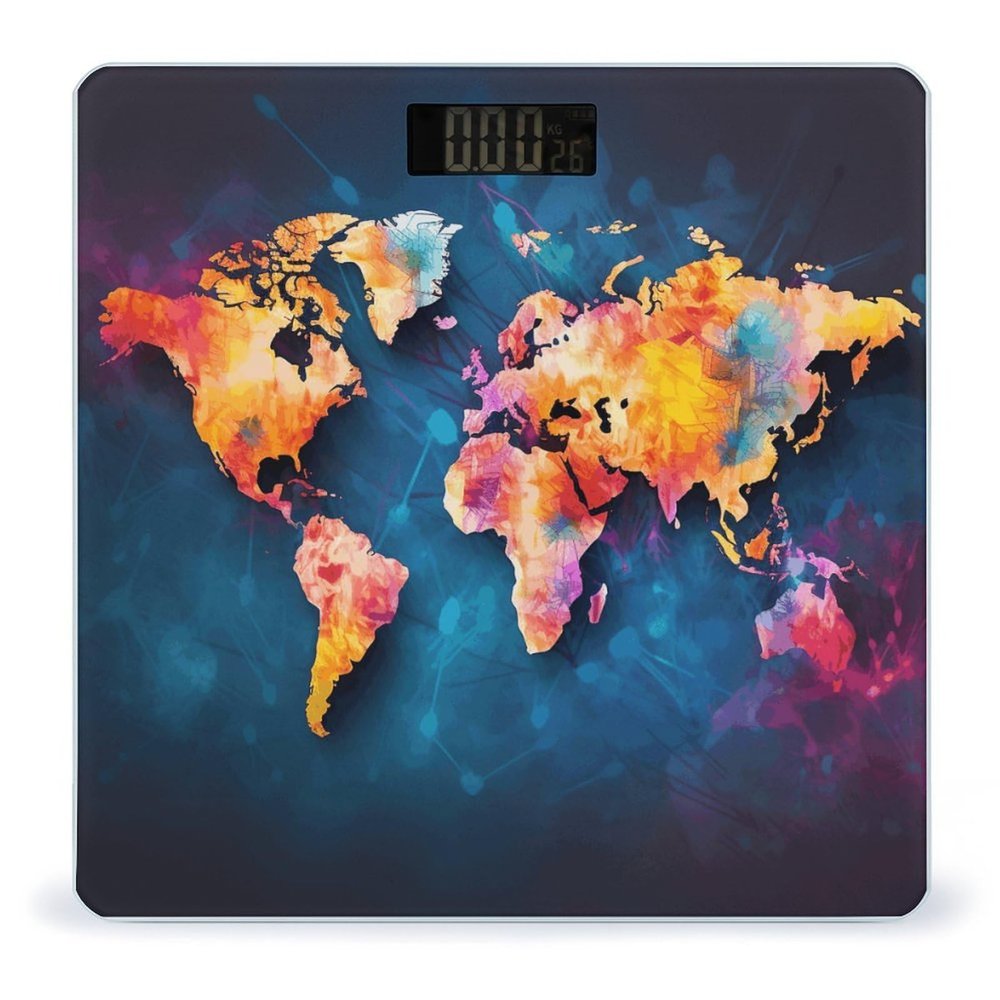 Abstract World Map Scale for Body Weight Highly Accurate Digital Bathroom Scale Sturdy Tempered Glass Weighing Scales with LCD Display Fashion Body Fat Smart Scales 400lb