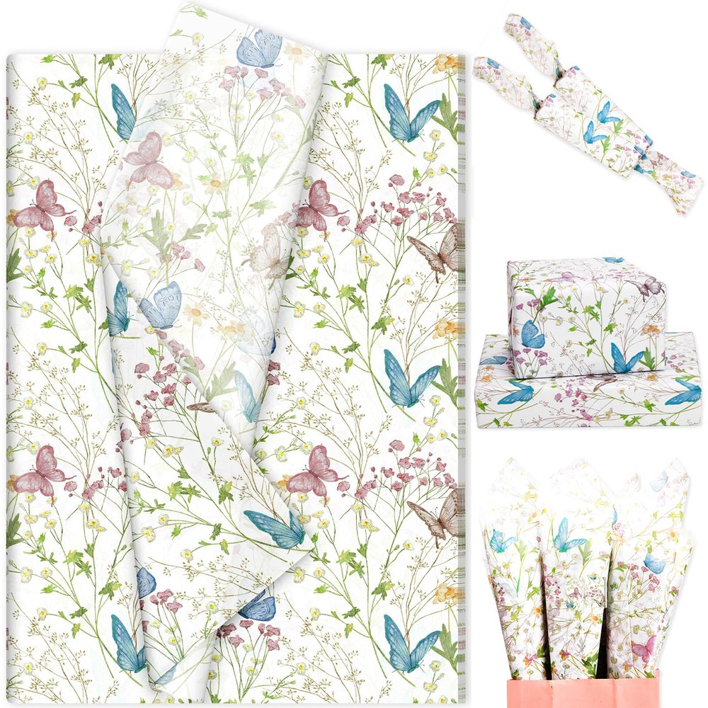 100 Sheets Spring Butterfly Tissue Paper for Gift Bags, Spring Butterfly Wrapping Tissue for Home Party Supplies, 14'' x 20'' (A)