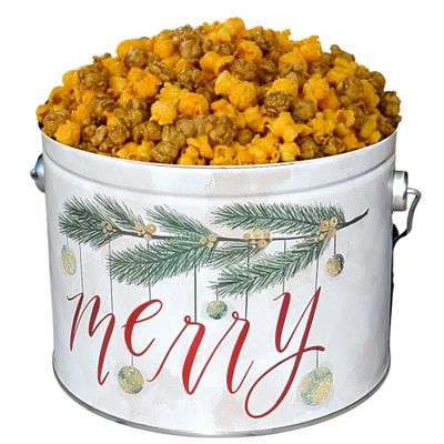 Audrey's Popcorn Tin 1/2 Gallon - Mix Up (Caramel & Cheese) - Large, air-popped popcorn coated in rich, golden caramel made with real butter and brown sugar mixed with Cheese Popcorn covered in a rich, savory blend of cheddar cheese. - World's Best G
