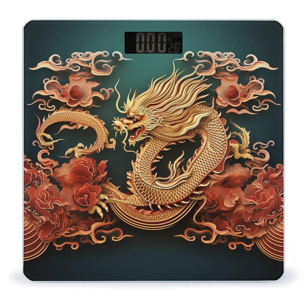 Dragon Chinese Background Scale for Body Weight Highly Accurate Digital Bathroom Scale Sturdy Tempered Glass Weighing Scales with LCD Display Fashion Body Fat Smart Scales 400lb